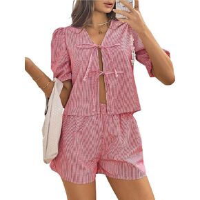 Verdusa Women's 2 Piece Outfit Plaid Bow Tie Front Short Sleeve Blouse Top and Short Set Red and White Large