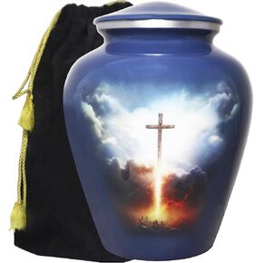 M MEILINXU Cremation Urns for Human Ashes Adult Man or Women, Funeral Urn for Ashes Adult Male or Female, Blue Sky and White Clouds, Religious Cross Decorative Urn, Burial, Christian Crosses - Large