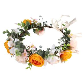 Women Floral Crown Boho Flower Headband Hair Wreath Floral Halo Headpiece with Ribbon Wedding Party Festival Photos
