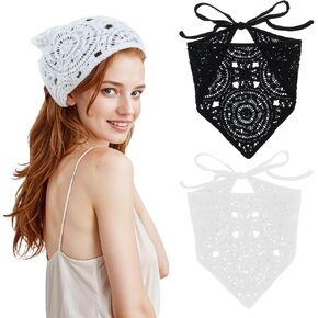 Floral Crochet Hair Bandanas for Women, 2 Pcs Bandana Headbands for Women Vintage Crochet Bandana for Women Scarf Headband Charming Crochet Headbands for Women Girls (White, Black)