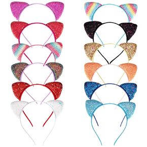 ｎｏｏｎｈｏ 12 Glitter Cat Ears العصابات للفتيات النساء Cat أذن الرأس يدا بلاماء عيد ميلاد حفلة ذات طابع أحداث ملونة شعر لطيف