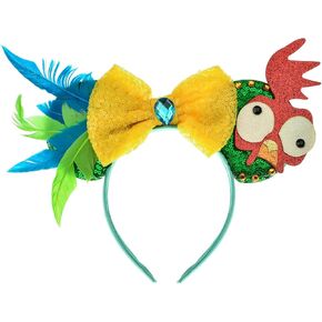 DDazzling Chicken Ears Hawaii Headband Costume, Yellow Bow, Feathers, Red Crest