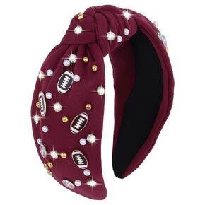 YARIEW Football Headband for Women Pearl Rhinestone Jeweled Knotted Headband Fashion Headband Wide Game Day Sports Hair Accessories Gift for Football Mom Fans Christmas (Red)