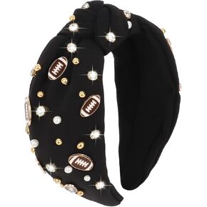YARIEW Football Headband for Women Pearl Rhinestone Jeweled Knotted Headband Fashion Headband Wide Game Day Sports Hair Accessories Gift for Football Mom Fans Christmas (Red) in Saudi Arabia