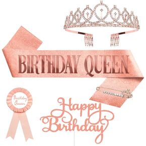 Birthday Sash, Birthday Crown, Birthday Cake Topper, Birthday Pin Button. Queen Sash and Birthday Tiara for women and Grils Birthday Decorations for Women MS4U (Silver)