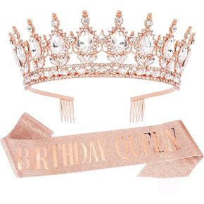 Birthday Crown & Sash Set for Women, Rose Gold Rhinestone Tiara & Queen Sash for Birthday Party Decorations