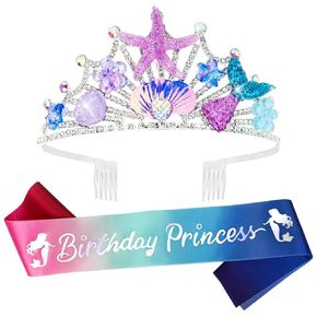 Yariew Mermaid Birthday Crown و Princess Sash - زينة للحفلات للفتيات والنساء