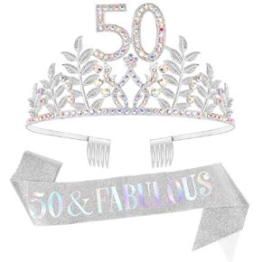Chanaco 50th Birthday Sash and Crown 50 & Fabulous Birthday Sash Set 50th Birthday Party Favor Birthday Party Decoration for Her, rose pink