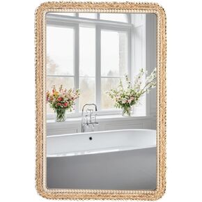 FUIN 24x36 Large Wall Mirror, Wood Frame with Braided Seagrass and Wooden Bead, Vertical & Horizontal Coastal Mirror for Bathroom