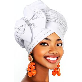 Woeoe African Gele Toole Batans White Rhinestones Whit Wraps Bow Curch Curch Head Chancf for Women
