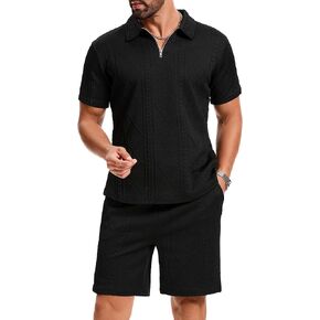 Men's 2-Piece Activewear Set Zip-Up Polo and Drawstring Pants with Slant Pockets Set S-2XL