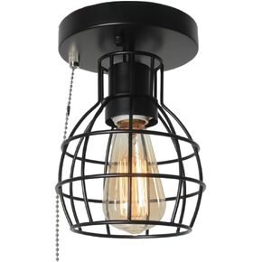 Beuhouz Pull String Semi Flush Mount Ceiling Light, Round Modern Industrial Close to Ceiling Light Fixture with Pull Chain Black Metal Cage Foyer Kitchen Ceiling Light 1-Light Edison E26 8087
