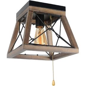 Rustic Ceiling Light Fixture with Pull Chain, 1-Light Wood Farmhouse Pull String Flush Mount Light Small Square Black Country Closet Entry Hallway Laundry Room Lighting Edison E26 BW17102PC