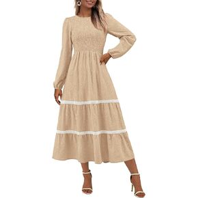 PRETTYGARDEN Women's Spring Midi Dress Fall Elegant Long Sleeve Smocked Flowy Boho Floral Wedding Guest Party Dresses