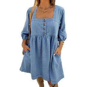 Skirt BL Denim Dress for Women Square Neck Jean Dress 3/4 Sleeve Babydoll Tiered Summer Dresses with Pockets 2025