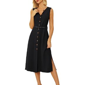 GRACE KARIN Women Casual Summer Dress 2025 Business Work Belted Sleeveless Button Down Shirt Midi Dresses with Pockets
