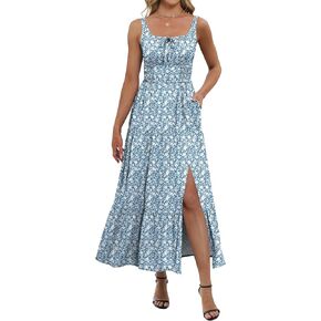 ANRABESS Women Summer Maxi Dress 2025 Square Neck Sleeveless Casual Boho Floral High Waist Slit Travel Vacation Sundress
