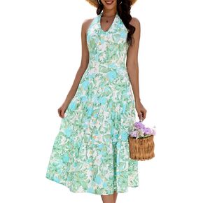 DRESSTELLS Women's Summer Floral Dresses Maxi Boho Casual Halter Neck Spring Vintage Flowy Beach Long Sundress