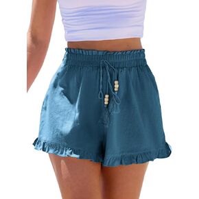 CUPSHE Womens Cotton Shorts Smock Waisted Summer Coverup Beach Shorts Ruffle Trim Casual Bottoms