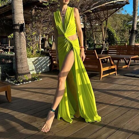 Women's Dress Hollow Out Long Dres Cutout Twist Sexy Slit Hem Deep V-Neck Tight Irregular Outfits in Saudi Arabia