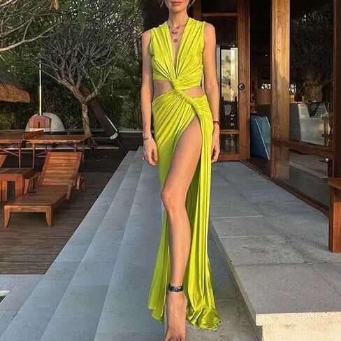 Women's Dress Hollow Out Long Dres Cutout Twist Sexy Slit Hem Deep V-Neck Tight Irregular Outfits in Saudi Arabia