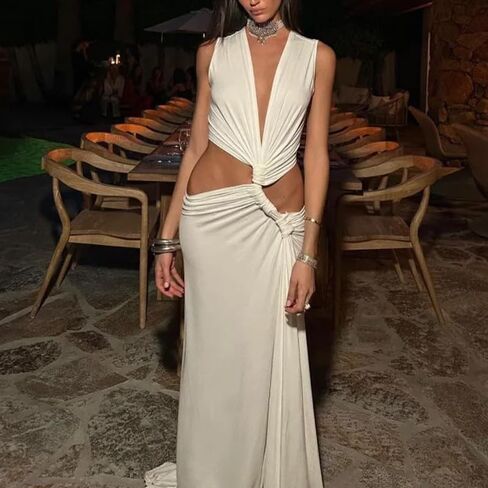Women's Dress Hollow Out Long Dres Cutout Twist Sexy Slit Hem Deep V-Neck Tight Irregular Outfits in Saudi Arabia