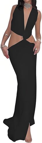 Women's Dress Hollow Out Long Dres Cutout Twist Sexy Slit Hem Deep V-Neck Tight Irregular Outfits in Saudi Arabia