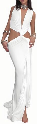 Women's Dress Hollow Out Long Dres Cutout Twist Sexy Slit Hem Deep V-Neck Tight Irregular Outfits in Saudi Arabia