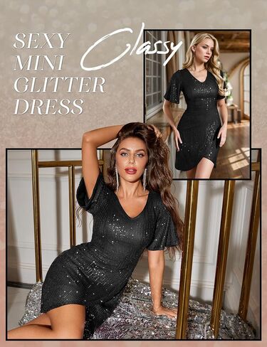Dressystar Women Sequin Cocktail V Neck Dress Prom Sparkly Bodycon Short Sleeve Sexy Mini Glitter Party Club Dresses in Saudi Arabia
