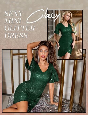 Dressystar Women Sequin Cocktail V Neck Dress Prom Sparkly Bodycon Short Sleeve Sexy Mini Glitter Party Club Dresses in Kuwait