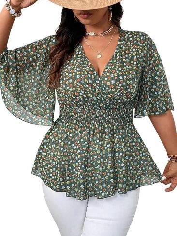 SOLY HUX Women's Plus Size V Neck Blouses Floral Print Flowy Peplum Tops Summer Ruffle Chiffon Shirts in Saudi Arabia