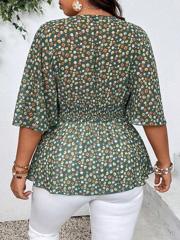 SOLY HUX Women's Plus Size V Neck Blouses Floral Print Flowy Peplum Tops Summer Ruffle Chiffon Shirts in Saudi Arabia