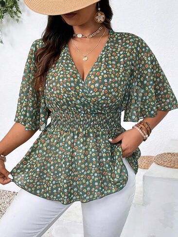 SOLY HUX Women's Plus Size V Neck Blouses Floral Print Flowy Peplum Tops Summer Ruffle Chiffon Shirts in Saudi Arabia