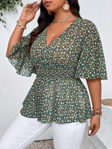 SOLY HUX Women's Plus Size V Neck Blouses Floral Print Flowy Peplum Tops Summer Ruffle Chiffon Shirts in Saudi Arabia