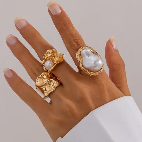 Chunky Knuckle Rings for Women Chunky Gold Ring Set Crystal Stacking Rings Flower Pearl Statement Rings Adjustable Pearl Finger Ring Set in Kuwait