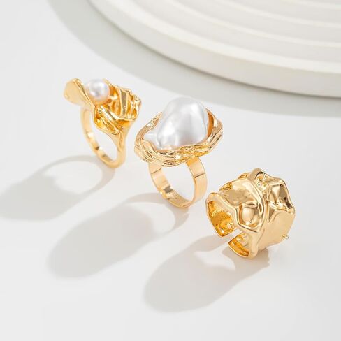 Chunky Knuckle Rings for Women Chunky Gold Ring Set Crystal Stacking Rings Flower Pearl Statement Rings Adjustable Pearl Finger Ring Set in Kuwait