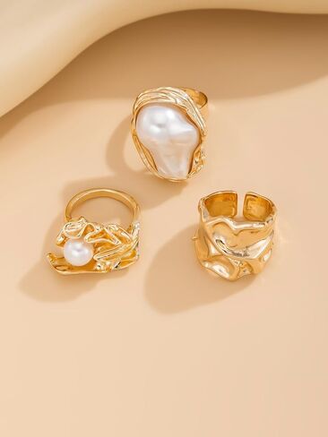 Chunky Knuckle Rings for Women Chunky Gold Ring Set Crystal Stacking Rings Flower Pearl Statement Rings Adjustable Pearl Finger Ring Set in Kuwait