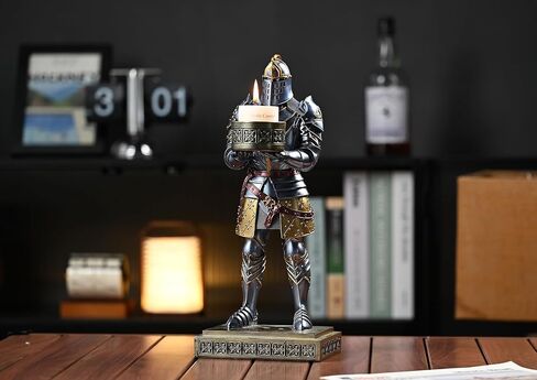 Medieval Armored Warrior Big Candlestick Holder Resin Tealight Holder Warrior Decorative Bookends Desktop Small Container for Key, Safety Pins, Crafts, Metal Clips 15.12 Inch (Blue) in Saudi Arabia