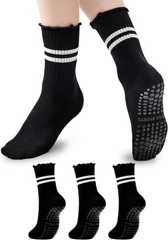 American Trends 3 Pairs Cute Pilates Yoga Crew Socks for Women with Grips Non Slip Ruffle Grip Sock Non Skid in Saudi Arabia