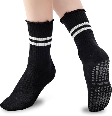 American Trends 3 Pairs Cute Pilates Yoga Crew Socks for Women with Grips Non Slip Ruffle Grip Sock Non Skid in Saudi Arabia
