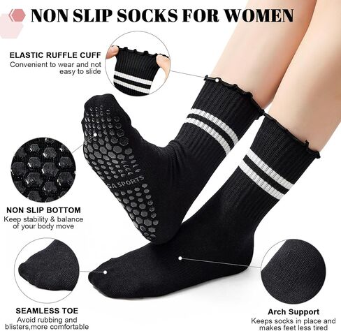American Trends 3 Pairs Cute Pilates Yoga Crew Socks for Women with Grips Non Slip Ruffle Grip Sock Non Skid in Saudi Arabia