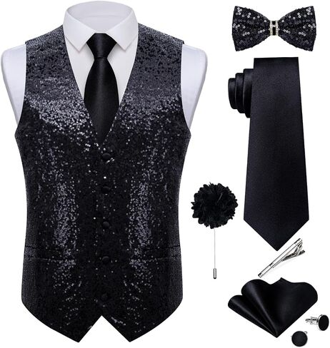 DiBanGu Mens Sequins Vest and Tie Set Solid V-Neck Shiny Dress Waistcoat Bowtie with pocket square for Prom Party Tuxedo in Saudi Arabia