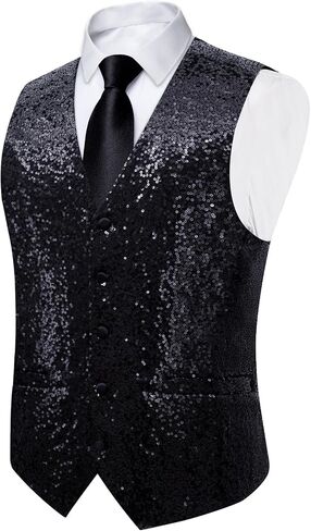 DiBanGu Mens Sequins Vest and Tie Set Solid V-Neck Shiny Dress Waistcoat Bowtie with pocket square for Prom Party Tuxedo in Saudi Arabia