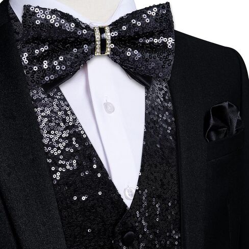 DiBanGu Mens Sequins Vest and Tie Set Solid V-Neck Shiny Dress Waistcoat Bowtie with pocket square for Prom Party Tuxedo in Saudi Arabia