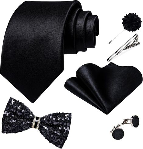 DiBanGu Mens Sequins Vest and Tie Set Solid V-Neck Shiny Dress Waistcoat Bowtie with pocket square for Prom Party Tuxedo in Saudi Arabia