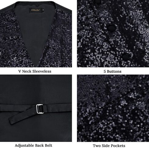 DiBanGu Mens Sequins Vest and Tie Set Solid V-Neck Shiny Dress Waistcoat Bowtie with pocket square for Prom Party Tuxedo in Saudi Arabia