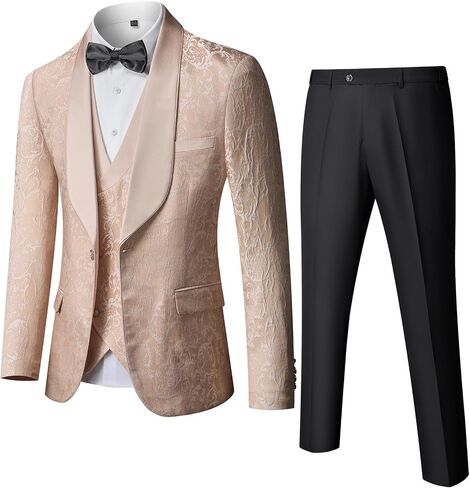 Hihawk Mens 3 Piece Floral Tuxedo, Jacquard Slim Suit Set, Paisley Blazer Vest and Pants with Bow Tie for Prom Wedding in Saudi Arabia