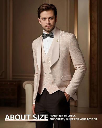 Hihawk Mens 3 Piece Floral Tuxedo, Jacquard Slim Suit Set, Paisley Blazer Vest and Pants with Bow Tie for Prom Wedding in Saudi Arabia