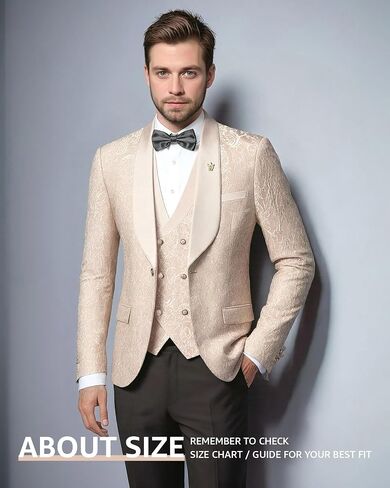 Hihawk Mens 3 Piece Floral Tuxedo, Jacquard Slim Suit Set, Paisley Blazer Vest and Pants with Bow Tie for Prom Wedding in Saudi Arabia