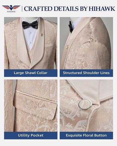 Hihawk Mens 3 Piece Floral Tuxedo, Jacquard Slim Suit Set, Paisley Blazer Vest and Pants with Bow Tie for Prom Wedding in Saudi Arabia
